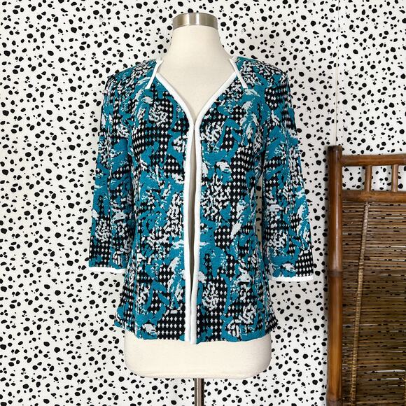 NEW Ming Wang | Blue Knit Black White 3/4 Sleeve Cardigan Work Jacket XS NWT - Picture 2 of 9